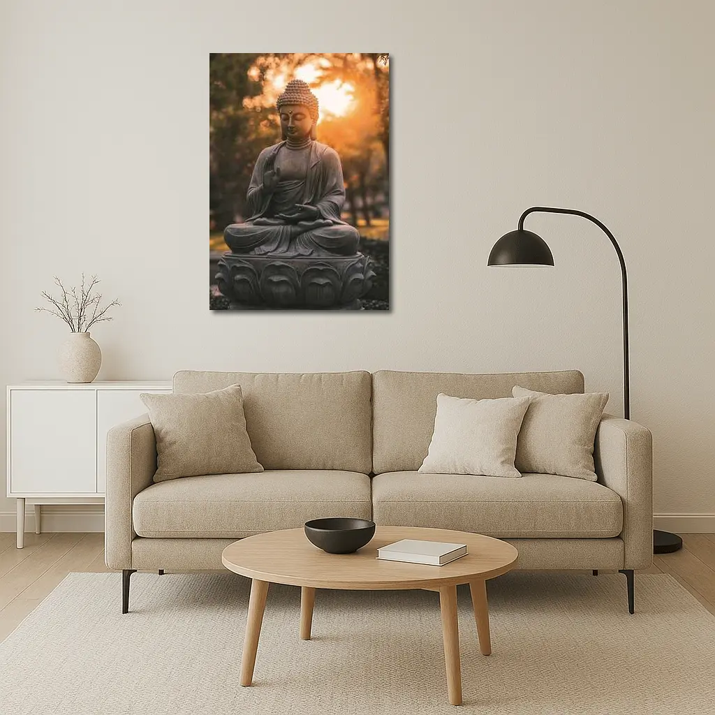 Buddha Statue Meditating Golden Sunset Garden – Wall Art