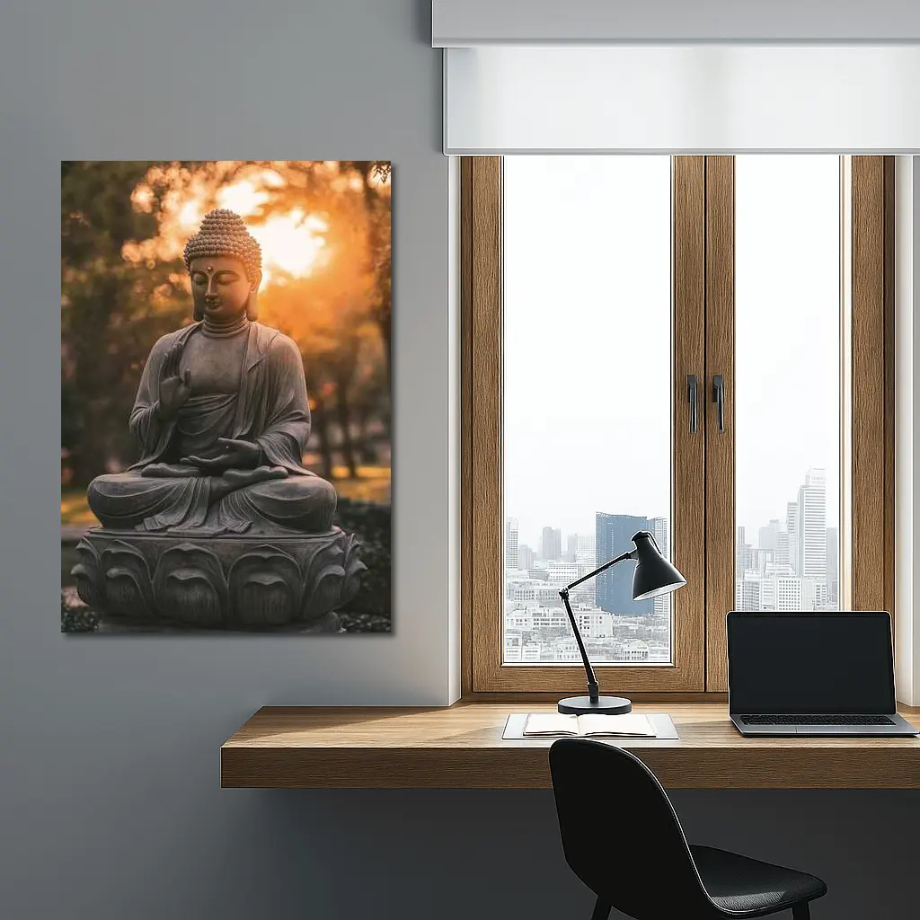 Buddha Statue Meditating Golden Sunset Garden – Wall Art
