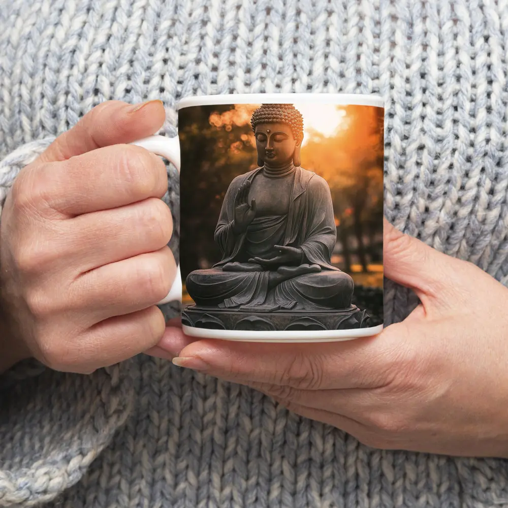 Buddha Statue Meditating Golden Sunset Garden – Mugs