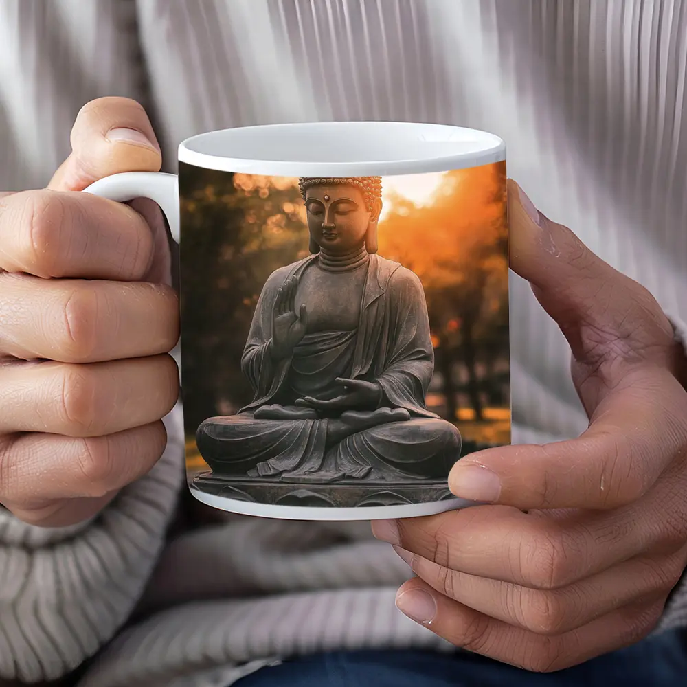 Buddha Statue Meditating Golden Sunset Garden – Mugs