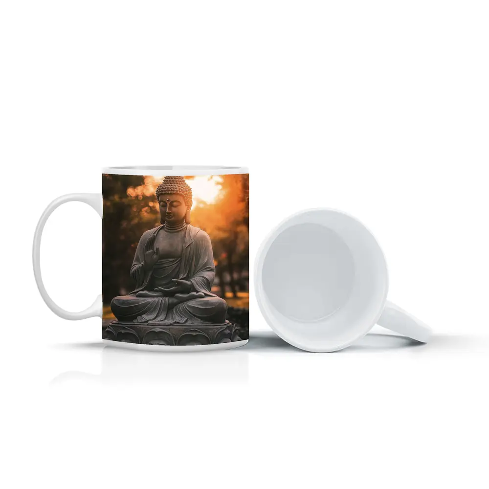 Buddha Statue Meditating Golden Sunset Garden – Mugs