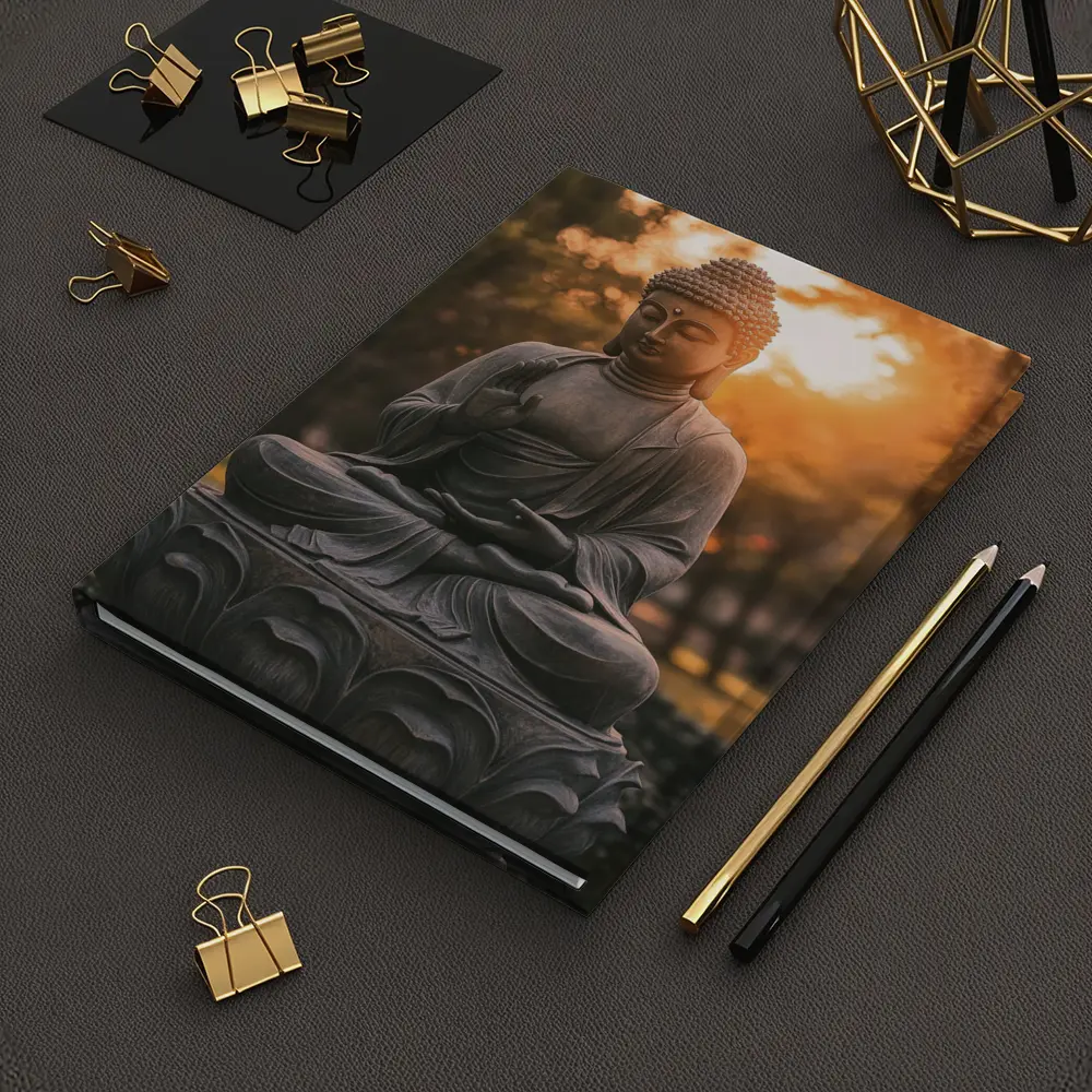 Buddha Statue Meditating Golden Sunset Garden – Notebooks