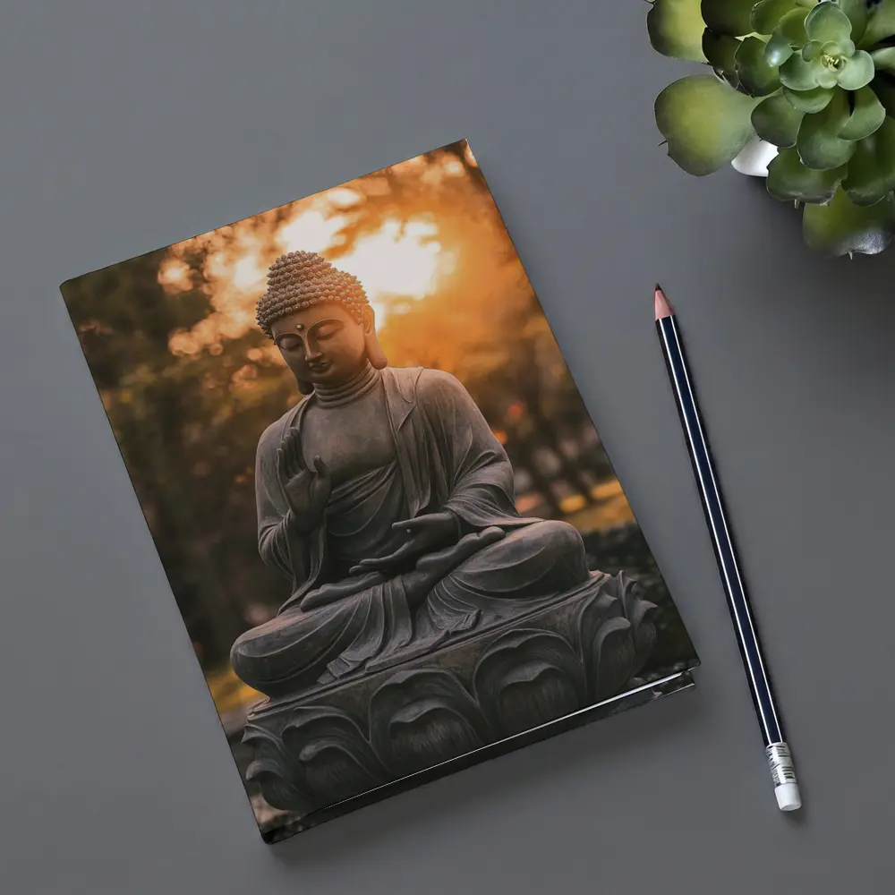Buddha Statue Meditating Golden Sunset Garden – Notebooks