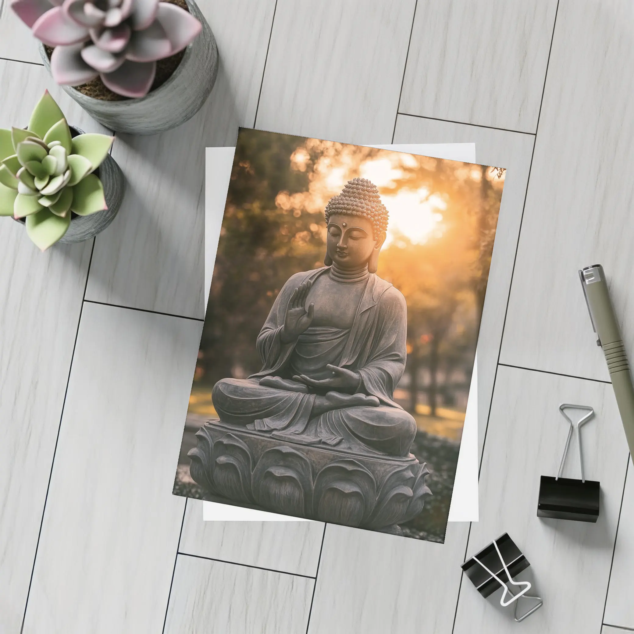Buddha Statue Meditating Golden Sunset Garden – Postcards