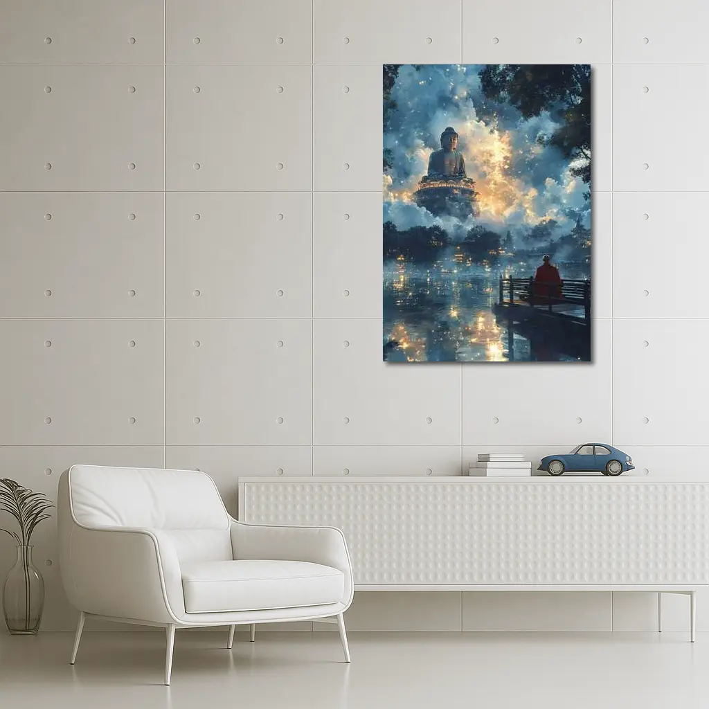 Buddha Statue Monk Meditating Mystic Lake – Wall Art