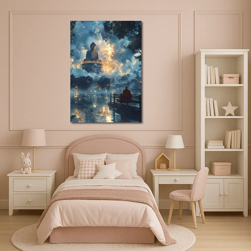 Buddha Statue Monk Meditating Mystic Lake – Wall Art
