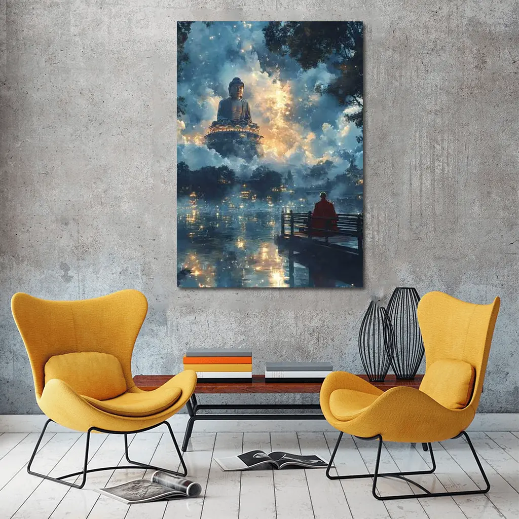 Buddha Statue Monk Meditating Mystic Lake – Wall Art