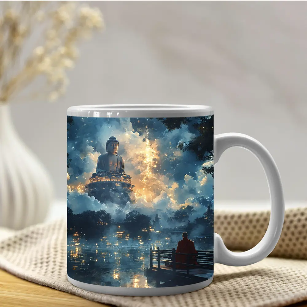 Buddha Statue Monk Meditating Mystic Lake – Mugs