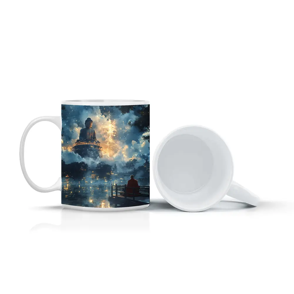 Buddha Statue Monk Meditating Mystic Lake – Mugs