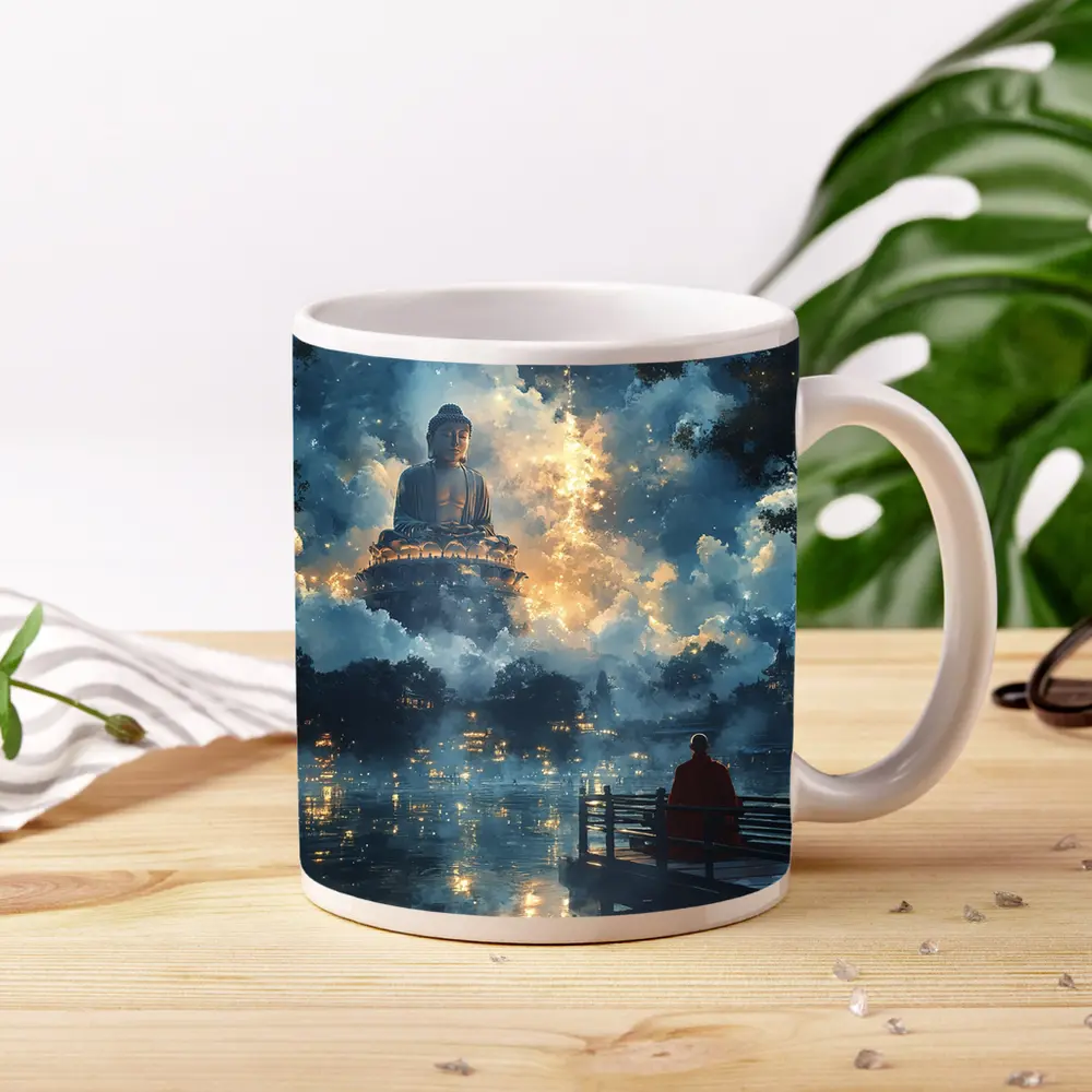 Buddha Statue Monk Meditating Mystic Lake – Mugs