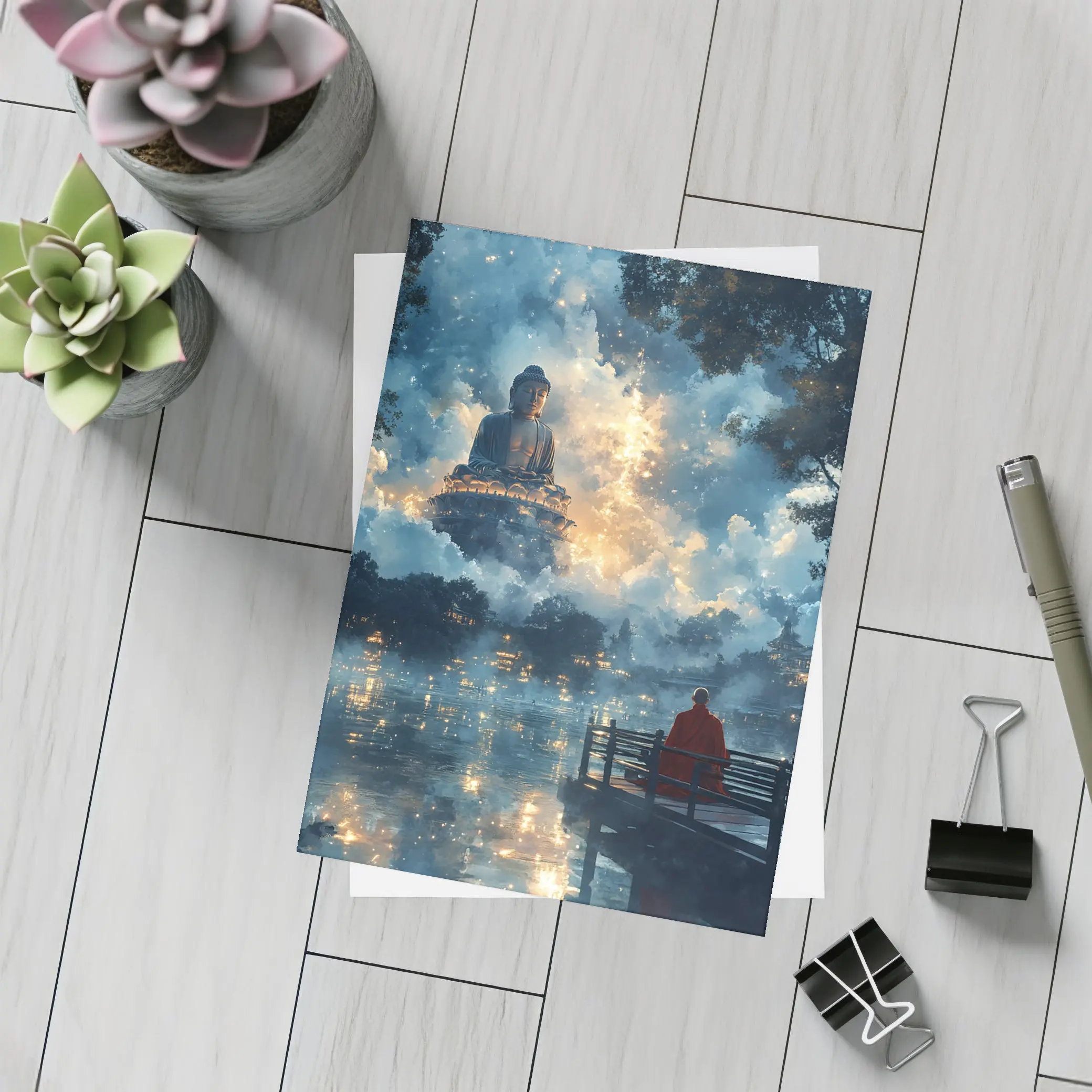 Buddha Statue Monk Meditating Mystic Lake – Postcards