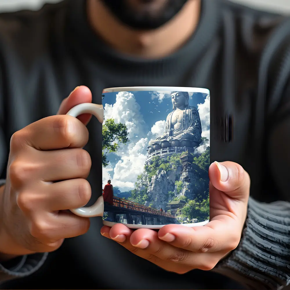 Giant Buddha Statue Monk Rocky Cliff – Mugs
