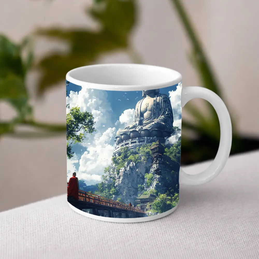 Giant Buddha Statue Monk Rocky Cliff – Mugs