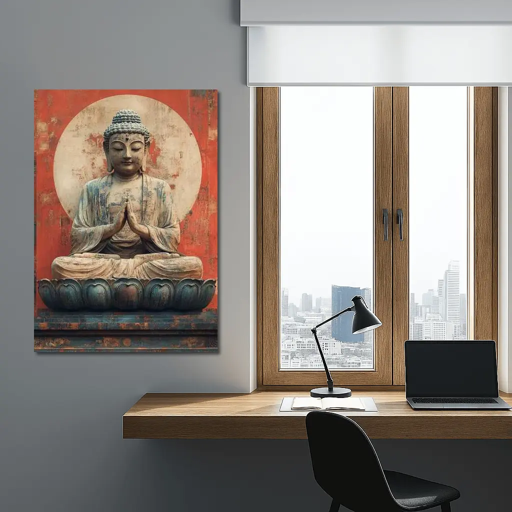 Ancient Buddha Statue Red Distressed Wall – Wall Art