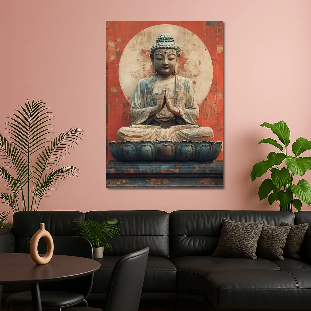 Ancient Buddha Statue Red Distressed Wall – Wall Art