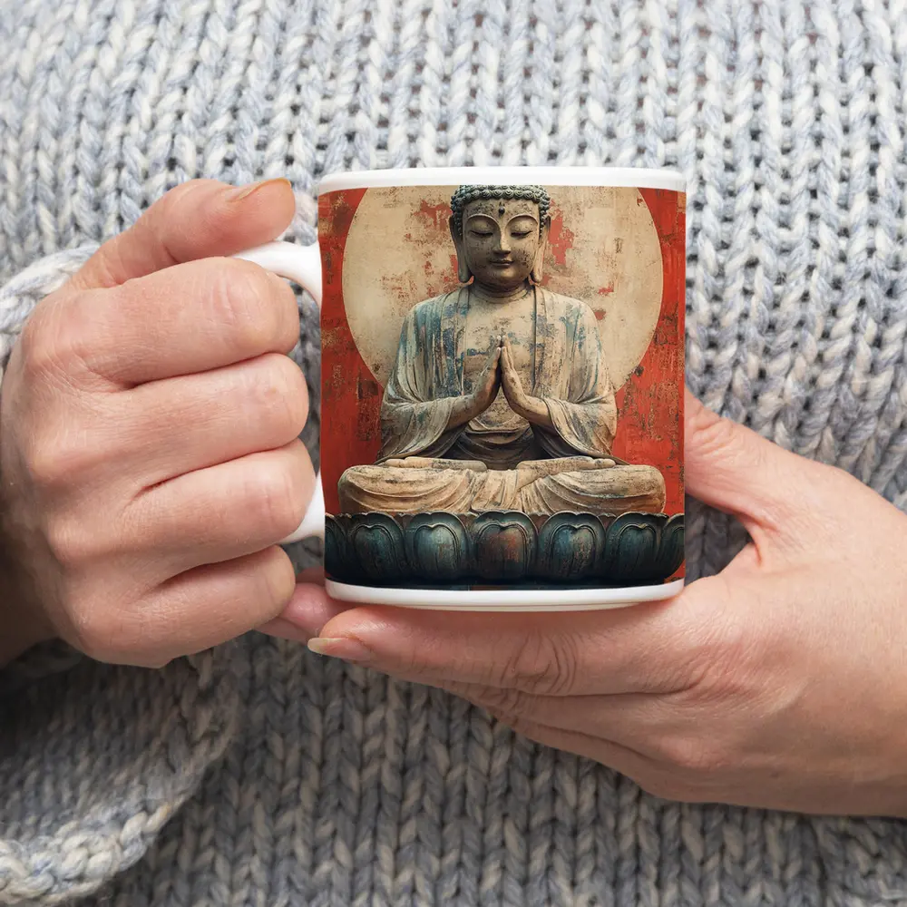 Ancient Buddha Statue Red Distressed Wall – Mugs