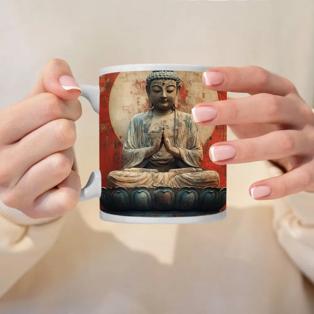 Ancient Buddha Statue Red Distressed Wall – Mugs