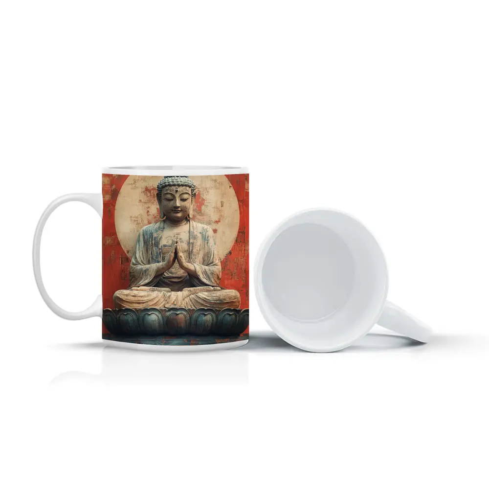 Ancient Buddha Statue Red Distressed Wall – Mugs