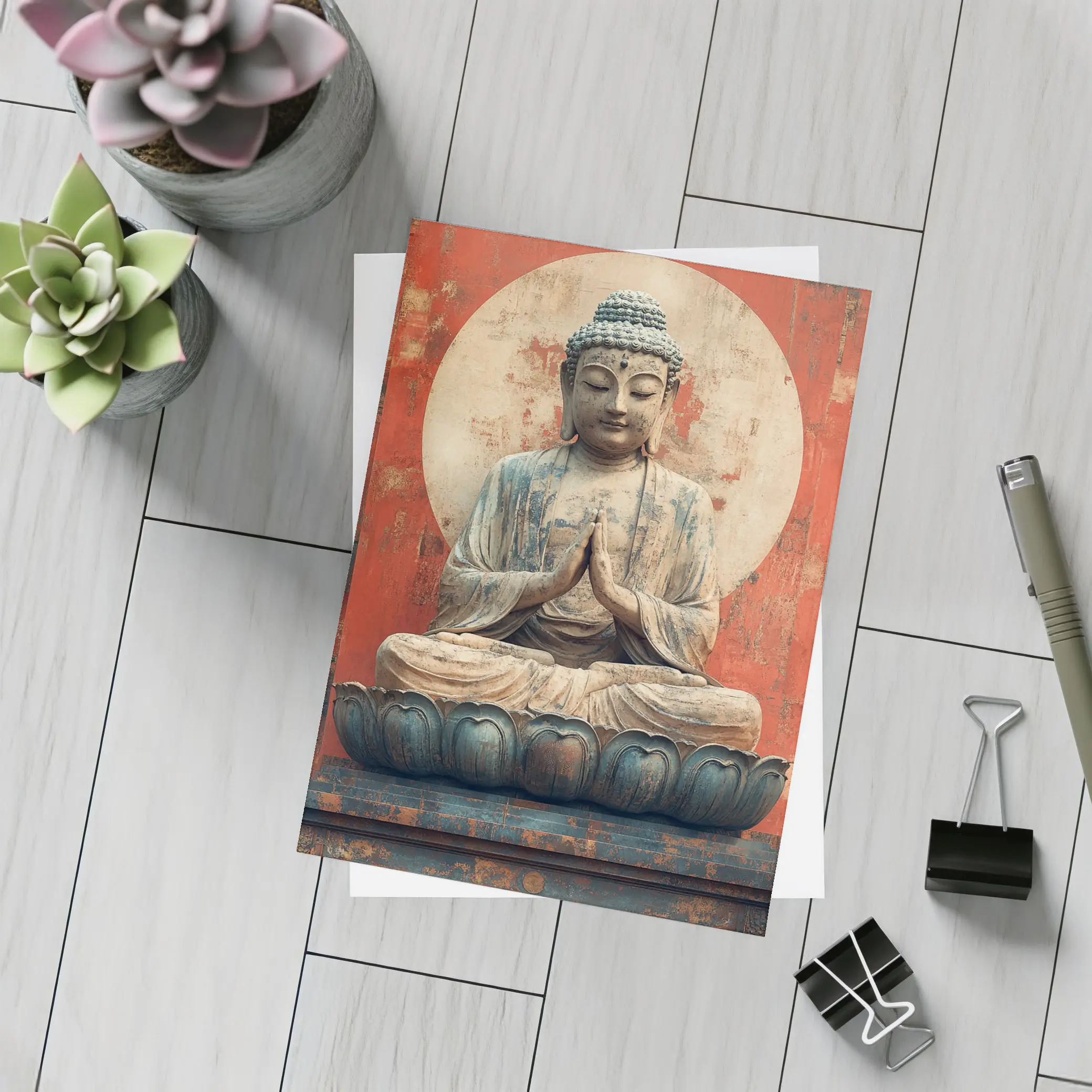 Ancient Buddha Statue Red Distressed Wall – Postcards