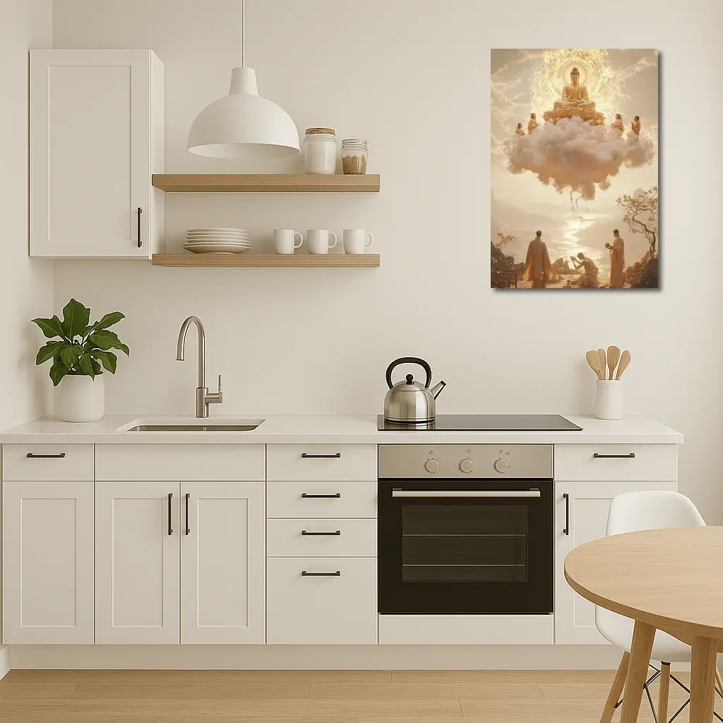 Golden Buddha Floating Cloud Monks Worship – Wall Art