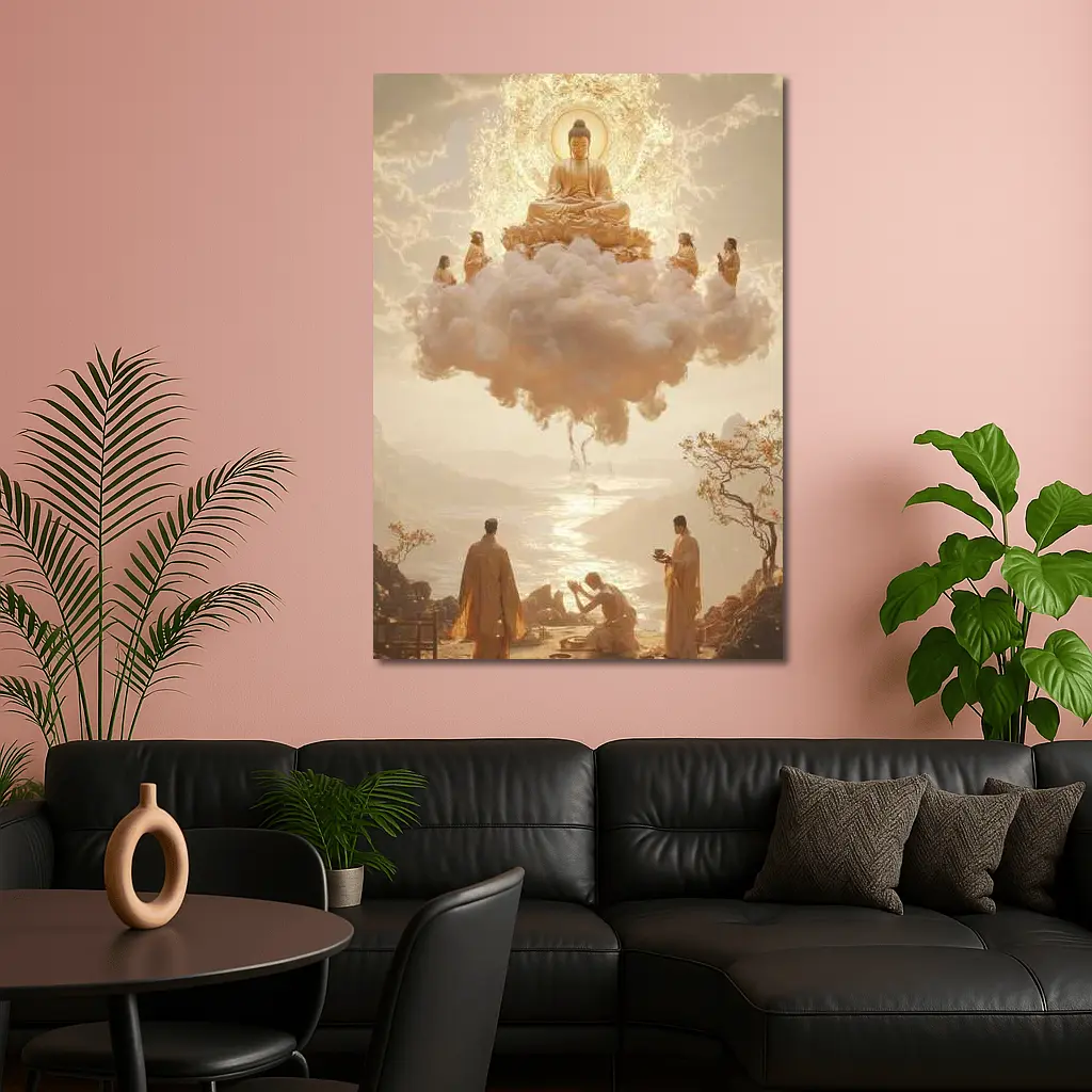 Golden Buddha Floating Cloud Monks Worship – Wall Art