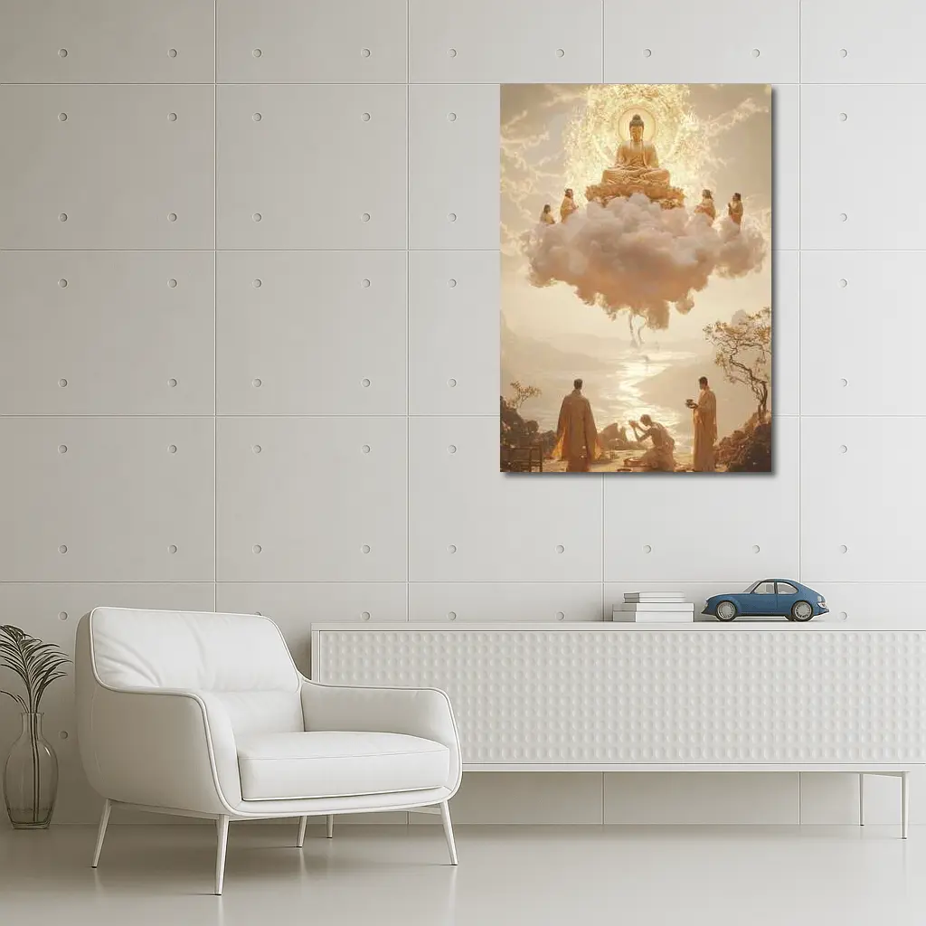 Golden Buddha Floating Cloud Monks Worship – Wall Art