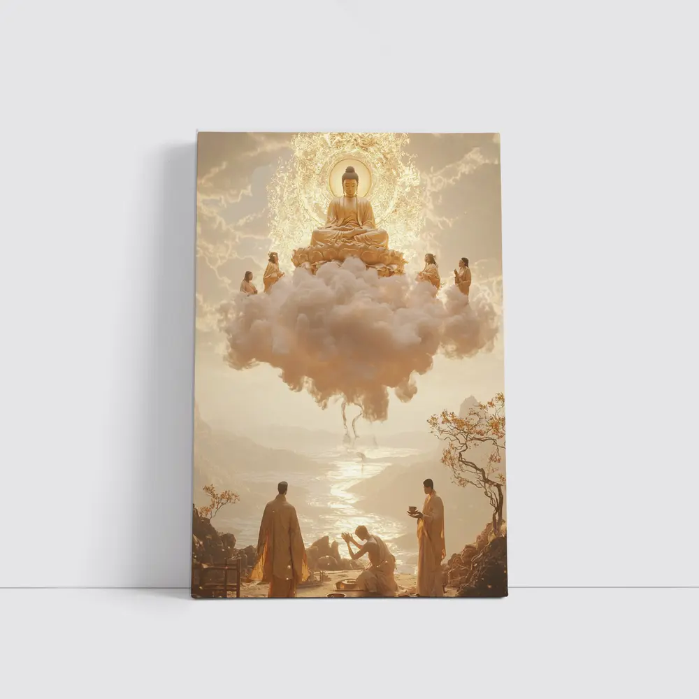 Golden Buddha Floating Cloud Monks Worship – Wall Art
