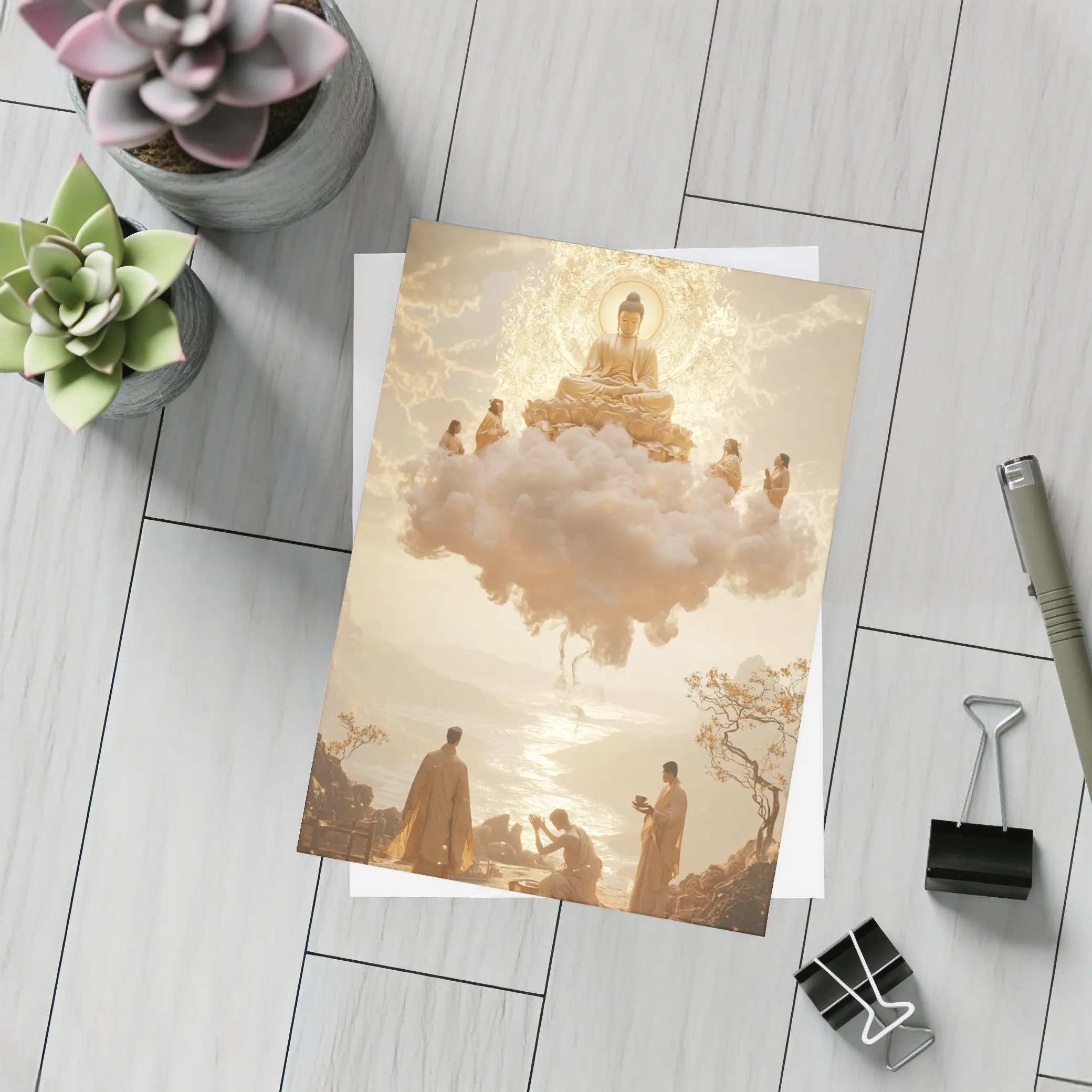 Golden Buddha Floating Cloud Monks Worship – Postcards