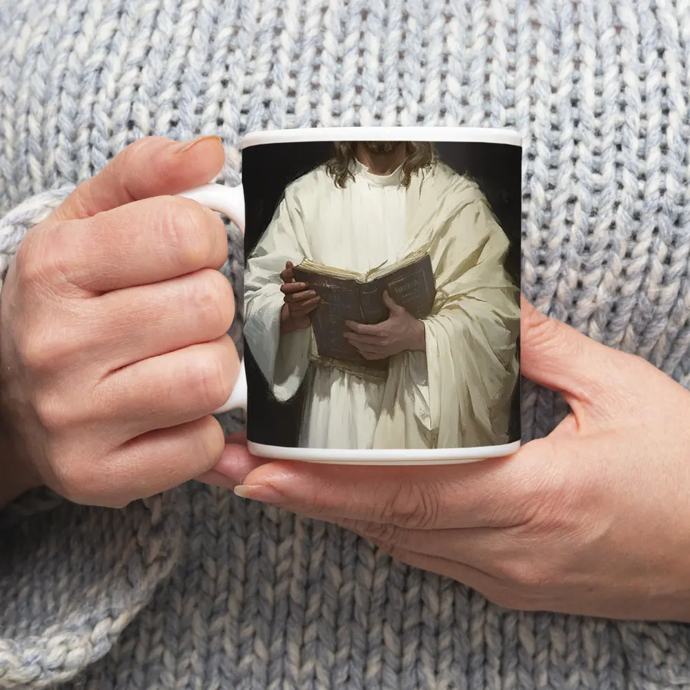 Jesus Christ Holding Bible White Robes – Mugs