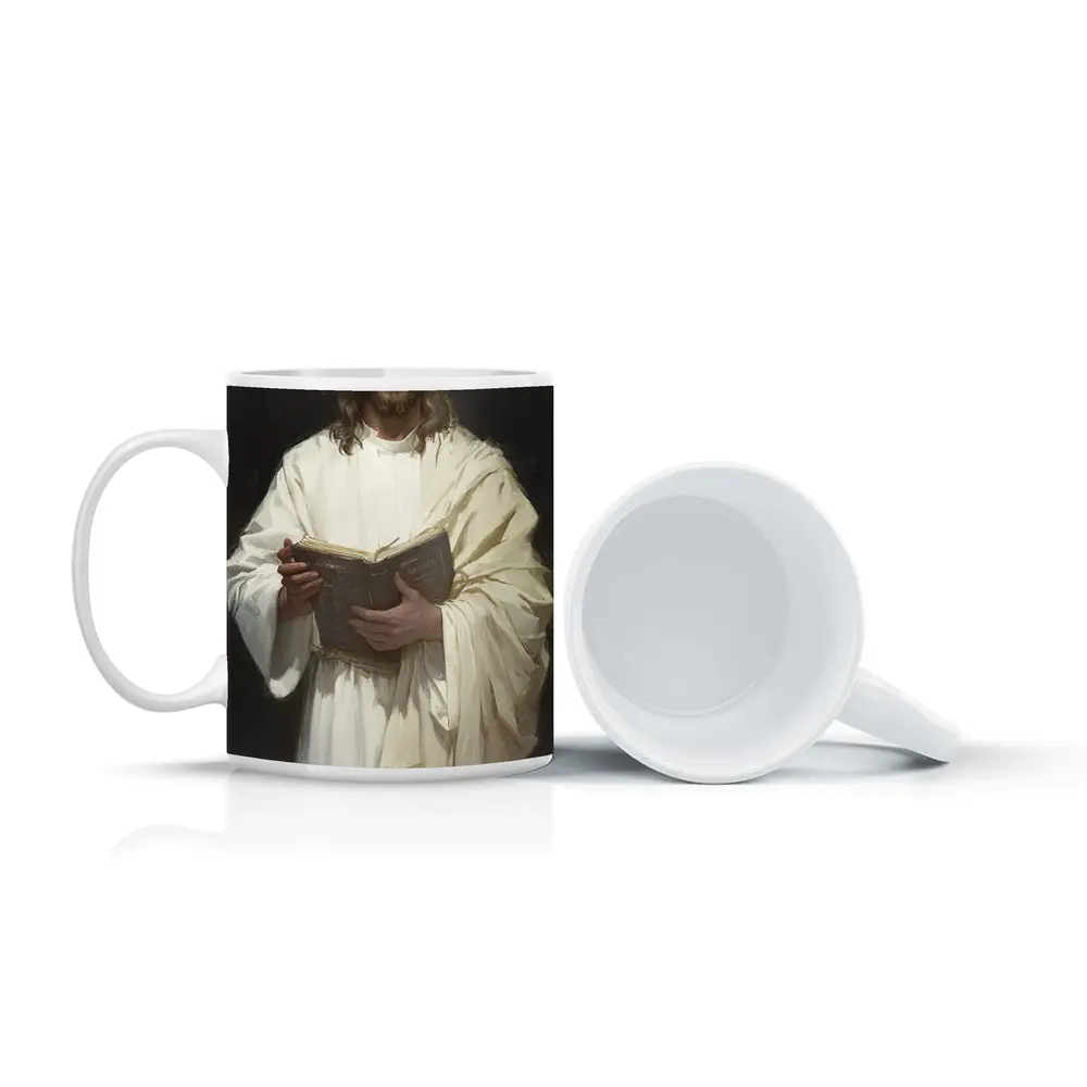 Jesus Christ Holding Bible White Robes – Mugs