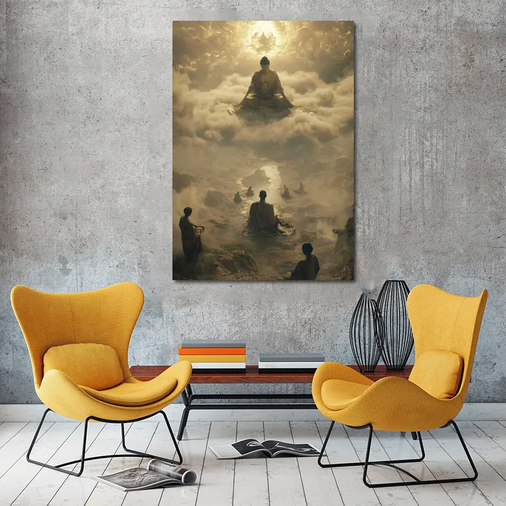 Buddha Meditating Above Monks Golden Clouds – Wall Art