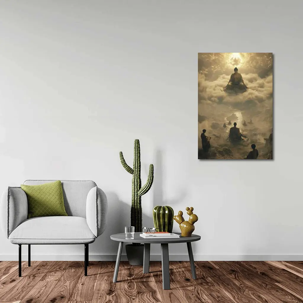 Buddha Meditating Above Monks Golden Clouds – Wall Art