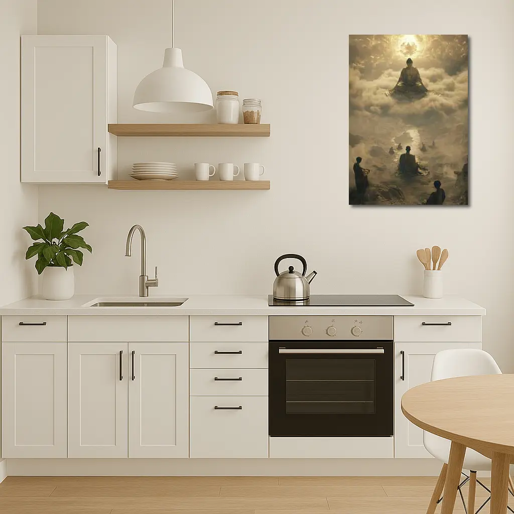 Buddha Meditating Above Monks Golden Clouds – Wall Art