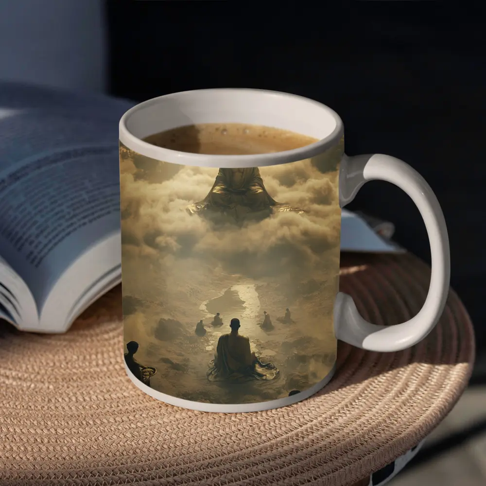 Buddha Meditating Above Monks Golden Clouds – Mugs