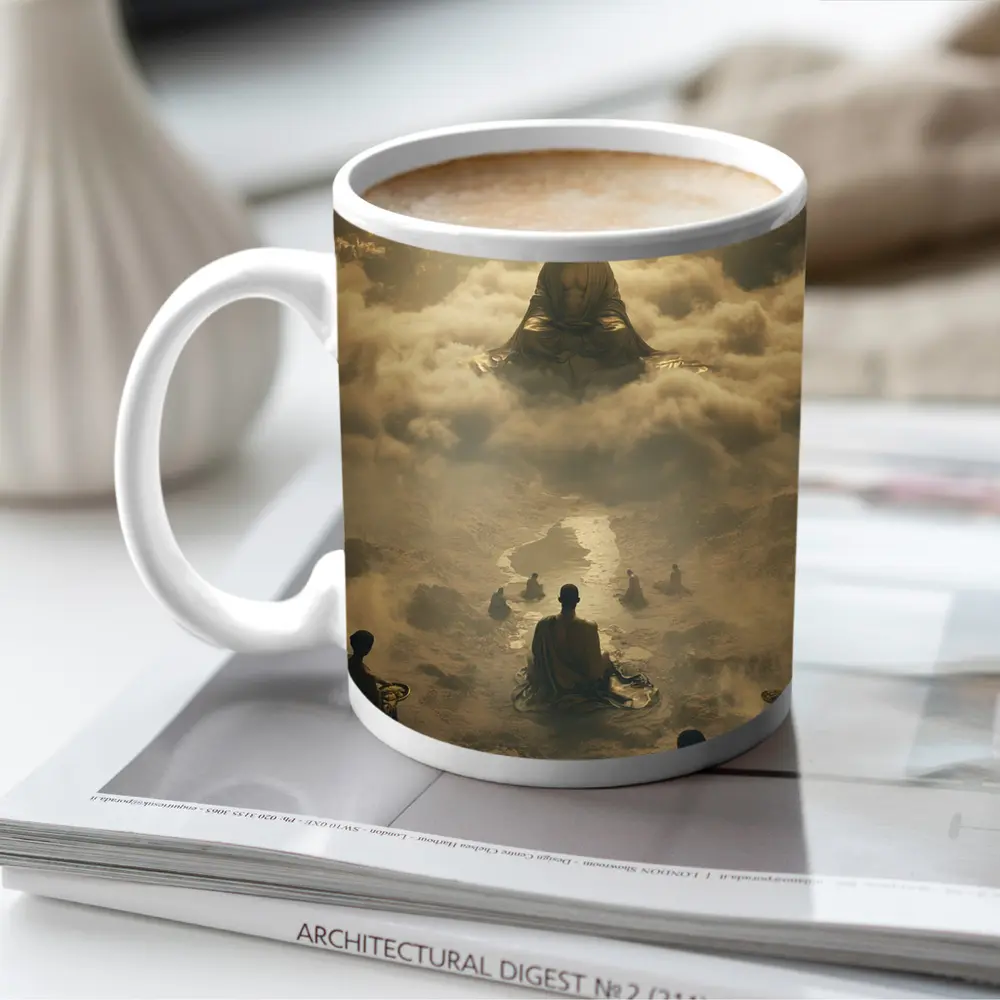 Buddha Meditating Above Monks Golden Clouds – Mugs