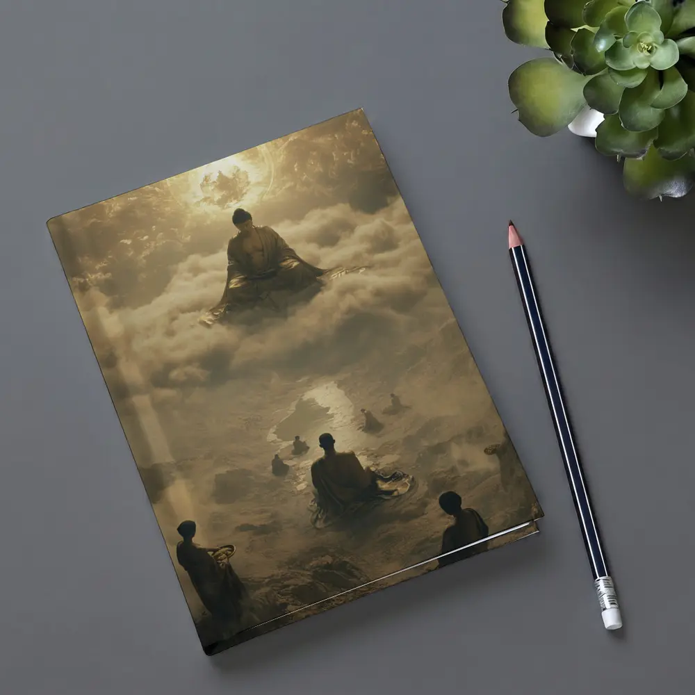 Buddha Meditating Above Monks Golden Clouds – Notebooks