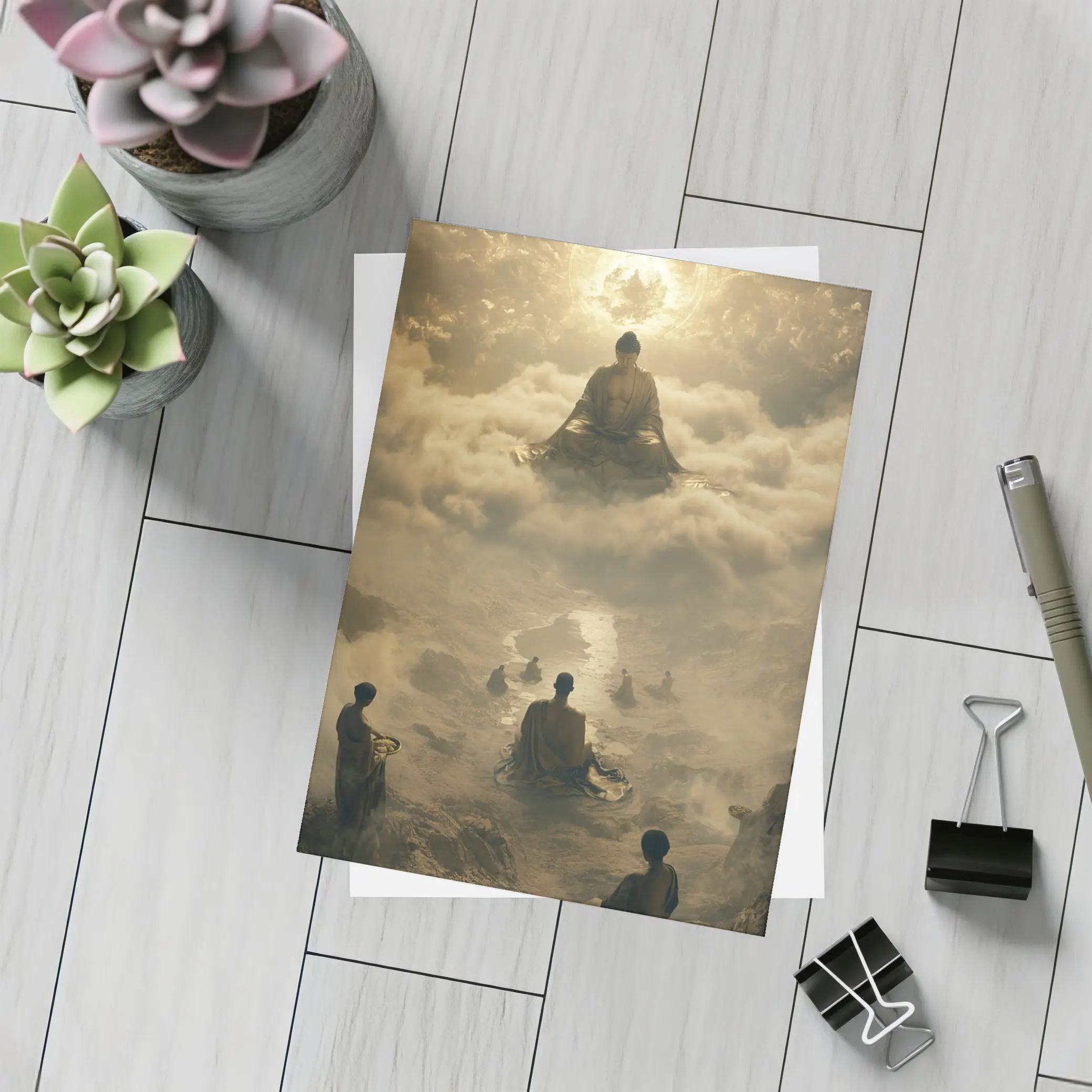 Buddha Meditating Above Monks Golden Clouds – Postcards