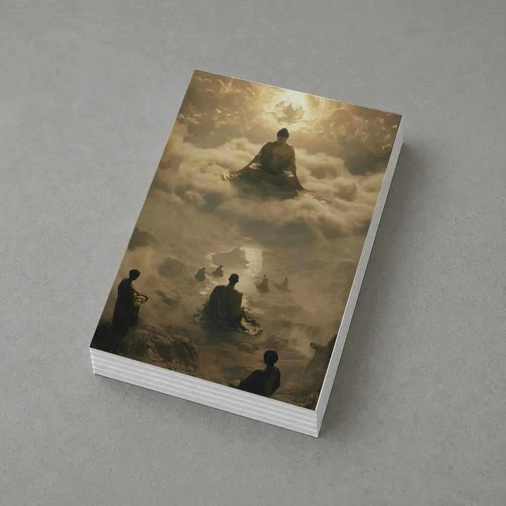 Buddha Meditating Above Monks Golden Clouds – Postcards