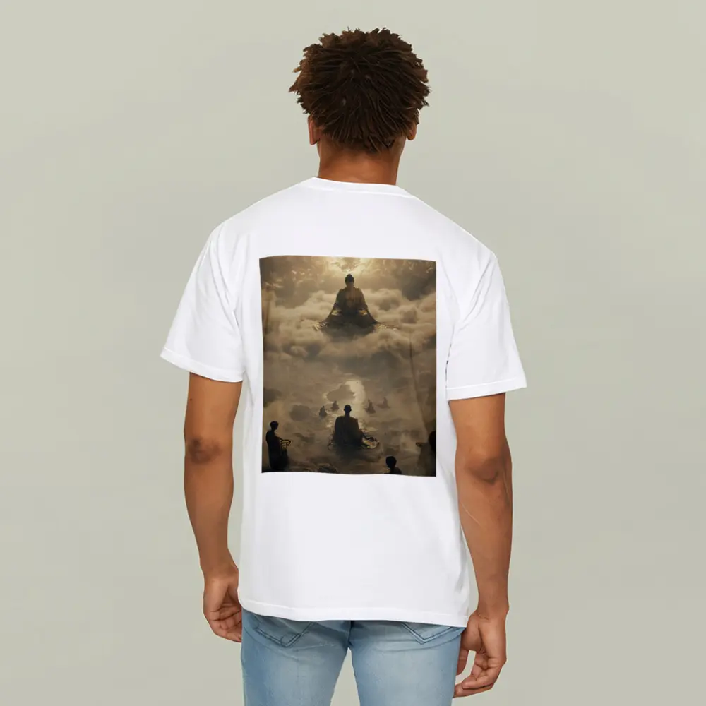 Buddha Meditating Above Monks Golden Clouds – T-Shirts