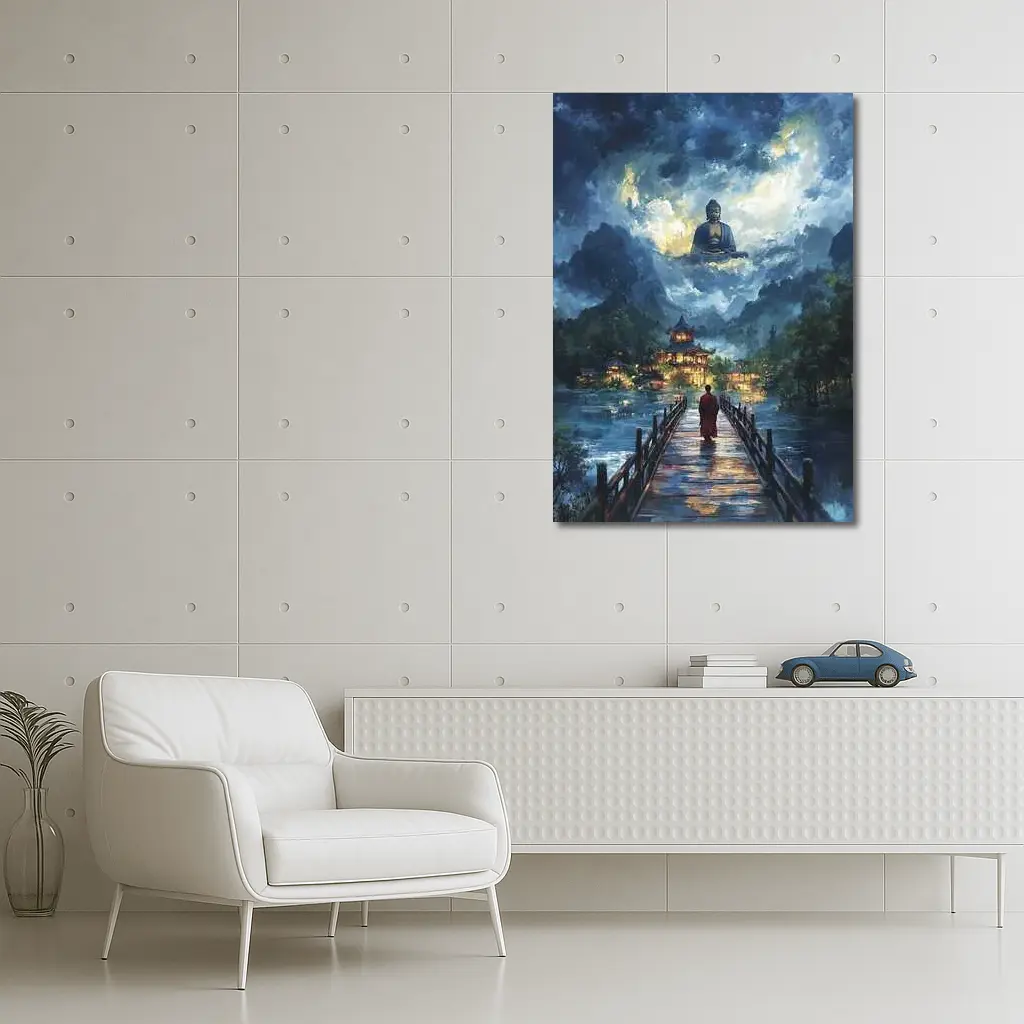 Buddhist Monk Walking Bridge Temple Night – Wall Art