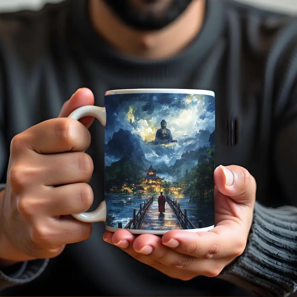 Buddhist Monk Walking Bridge Temple Night – Mugs