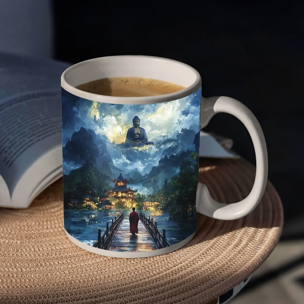 Buddhist Monk Walking Bridge Temple Night – Mugs