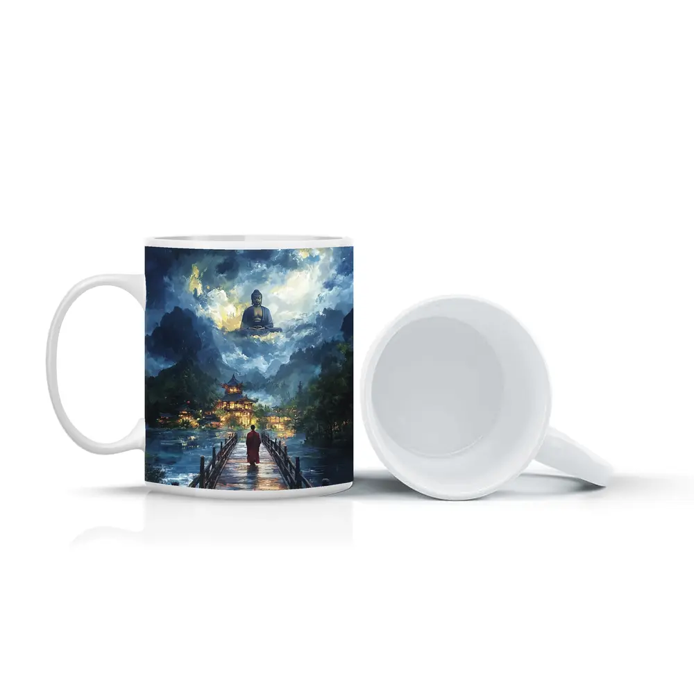 Buddhist Monk Walking Bridge Temple Night – Mugs