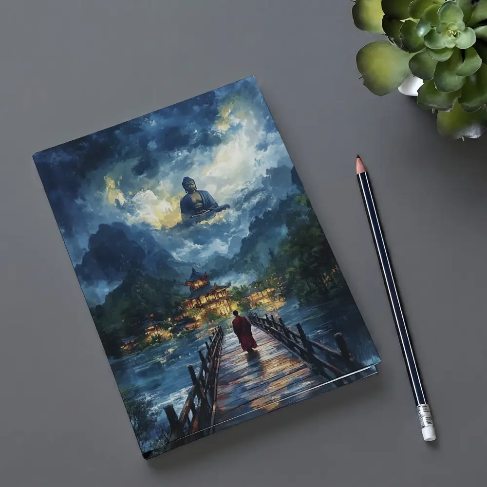 Buddhist Monk Walking Bridge Temple Night – Notebooks