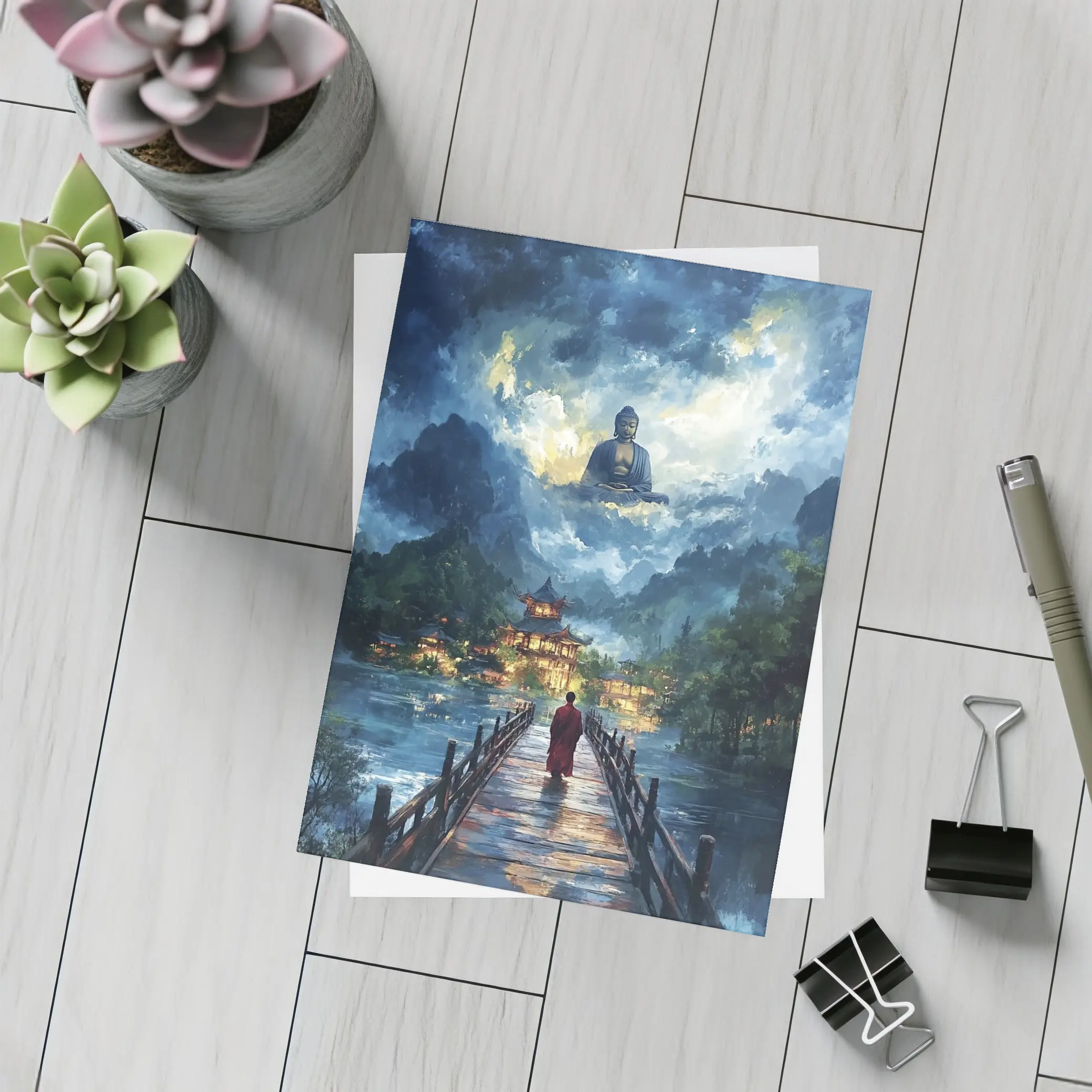 Buddhist Monk Walking Bridge Temple Night – Postcards