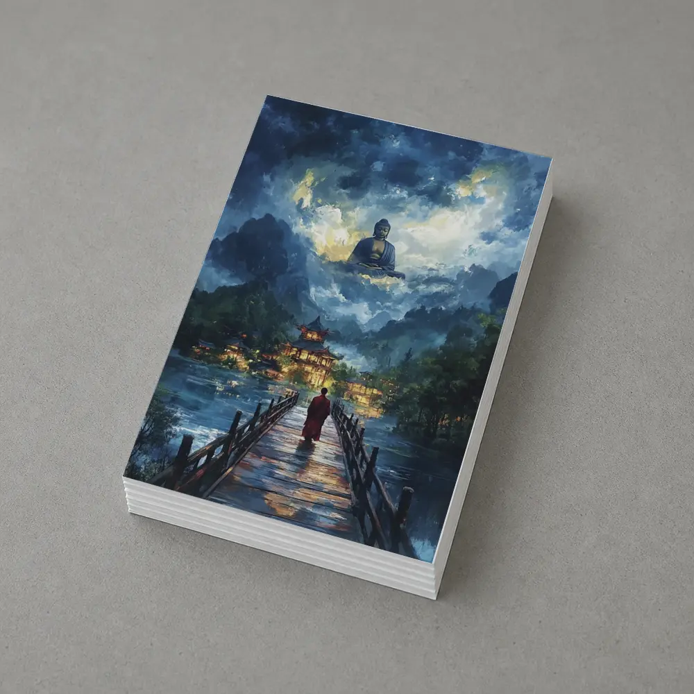 Buddhist Monk Walking Bridge Temple Night – Postcards