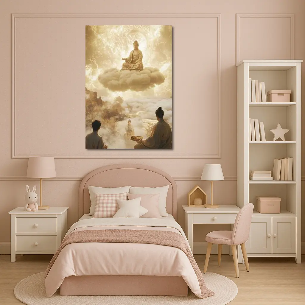 Buddha Meditating on Cloud Golden Celestial Scene – Wall Art
