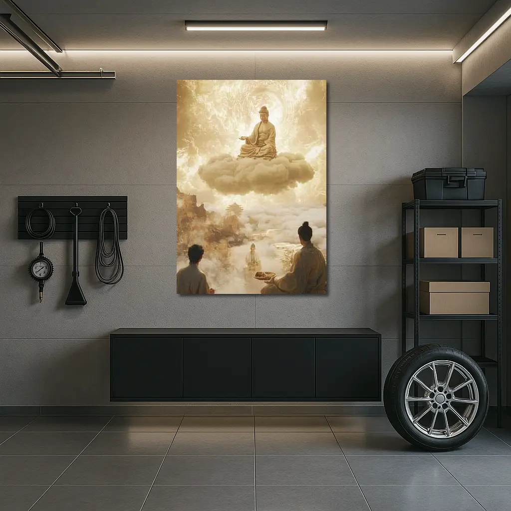 Buddha Meditating on Cloud Golden Celestial Scene – Wall Art