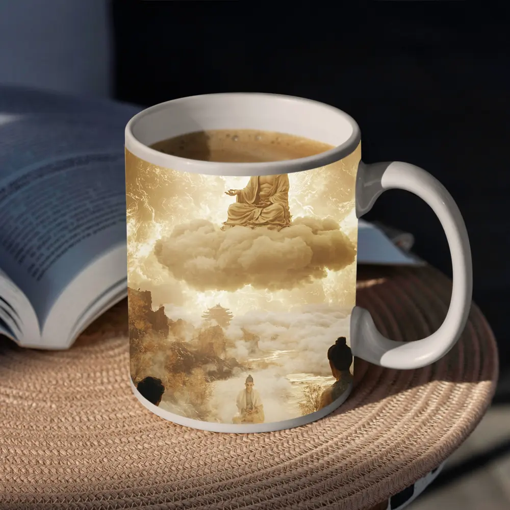 Buddha Meditating on Cloud Golden Celestial Scene – Mugs