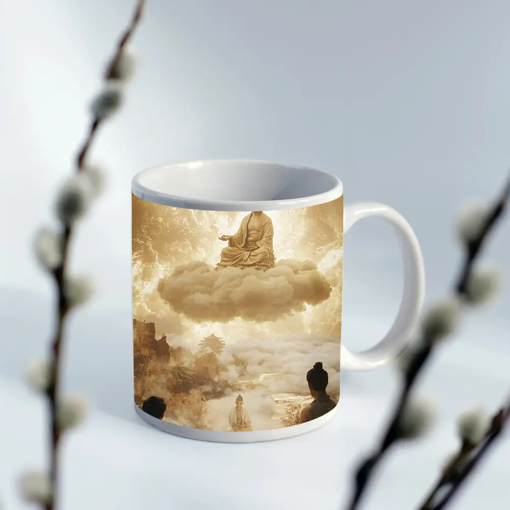 Buddha Meditating on Cloud Golden Celestial Scene – Mugs